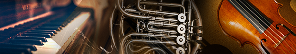Musical Instruments header image of Piano, french horn, and violin